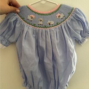 Babeeni smocked lamb bubble romper periwinkle with pink trim